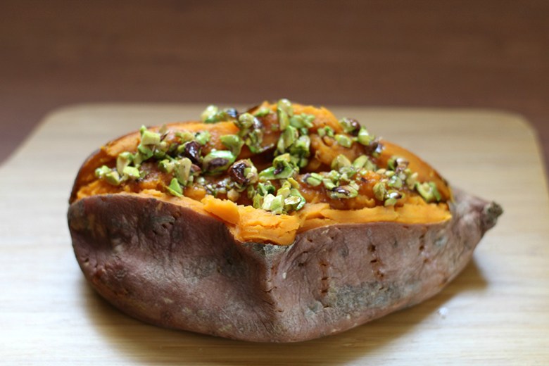 Honey-Pistachio Baked Sweet Potato | Food & Nutrition | Stone Soup Baked sweet potato topped with honey-pistachio mixture